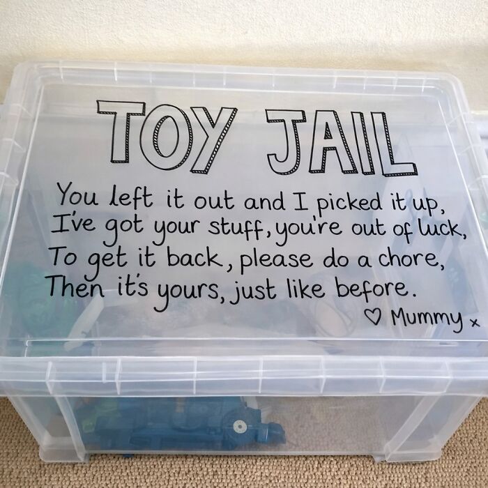 Clear plastic box labeled TOY JAIL with a humorous poem about chores, one of many clever craft projects.