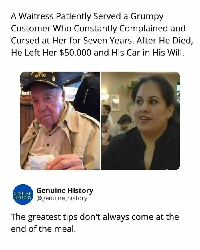 Side-by-side images of a grumpy old man and a waitress, illustrating a fascinating fact about her inheritance.