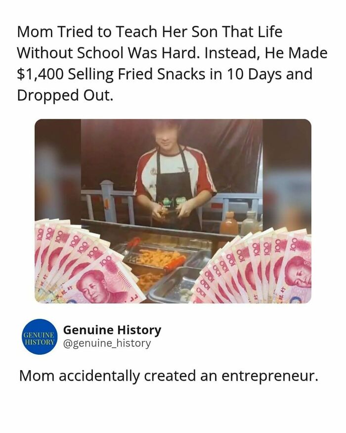 A young man selling fried snacks with stacks of money, a fascinating fact about entrepreneurship changing how you see the world.