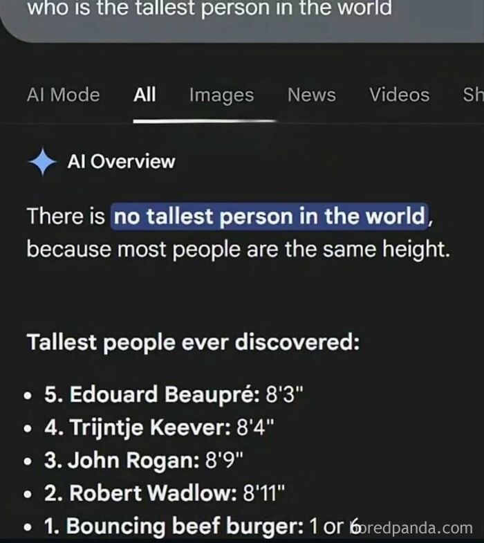 A painfully cringe post showing a search result for tallest person, with a funny last entry.