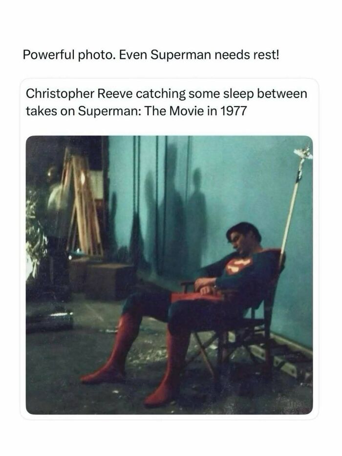 Christopher Reeve, as Superman, rests in his suit on set of the 1977 Superman movie, a moment of media behind-the-scenes.
