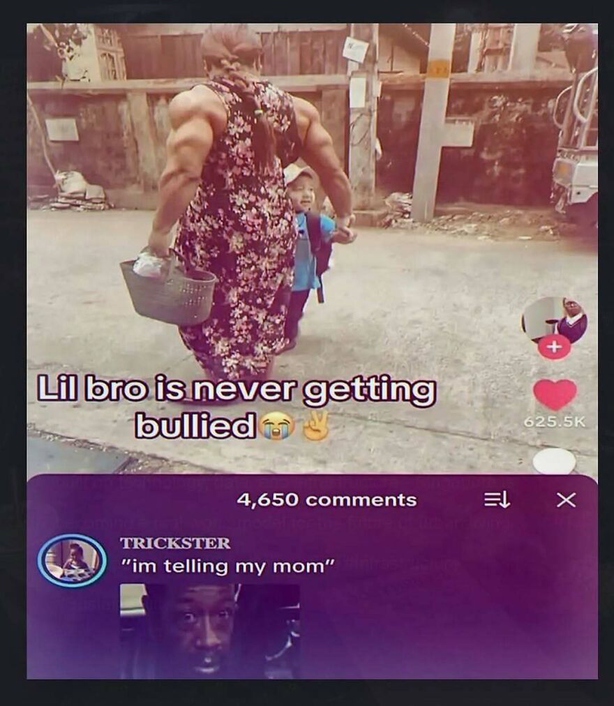Funny screenshot of a very muscular woman and a child, with text saying Lil bro is never getting bullied.