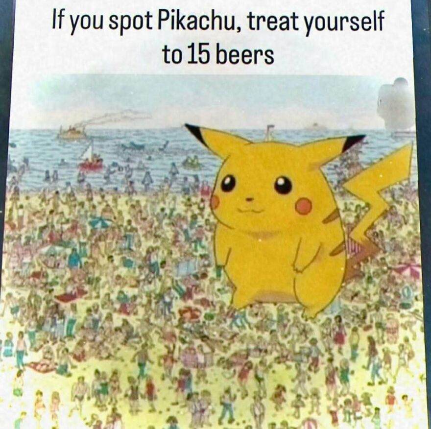 Funny screenshot of a giant Pikachu on a crowded beach with the text 'If you spot Pikachu, treat yourself to 15 beers' highlighting weird internet behavior.