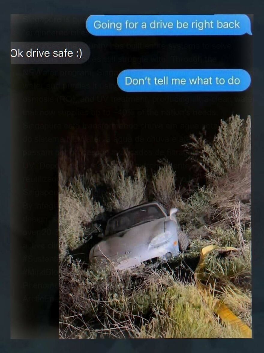 Stupid internet screenshot of a crashed car with a text conversation, demonstrating how weird people on the internet can be.