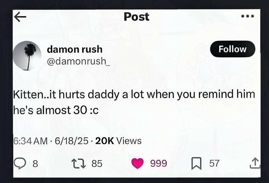 Funny internet screenshot of a tweet from @damonrush_ about turning 30, illustrating how weird people on the internet can be.