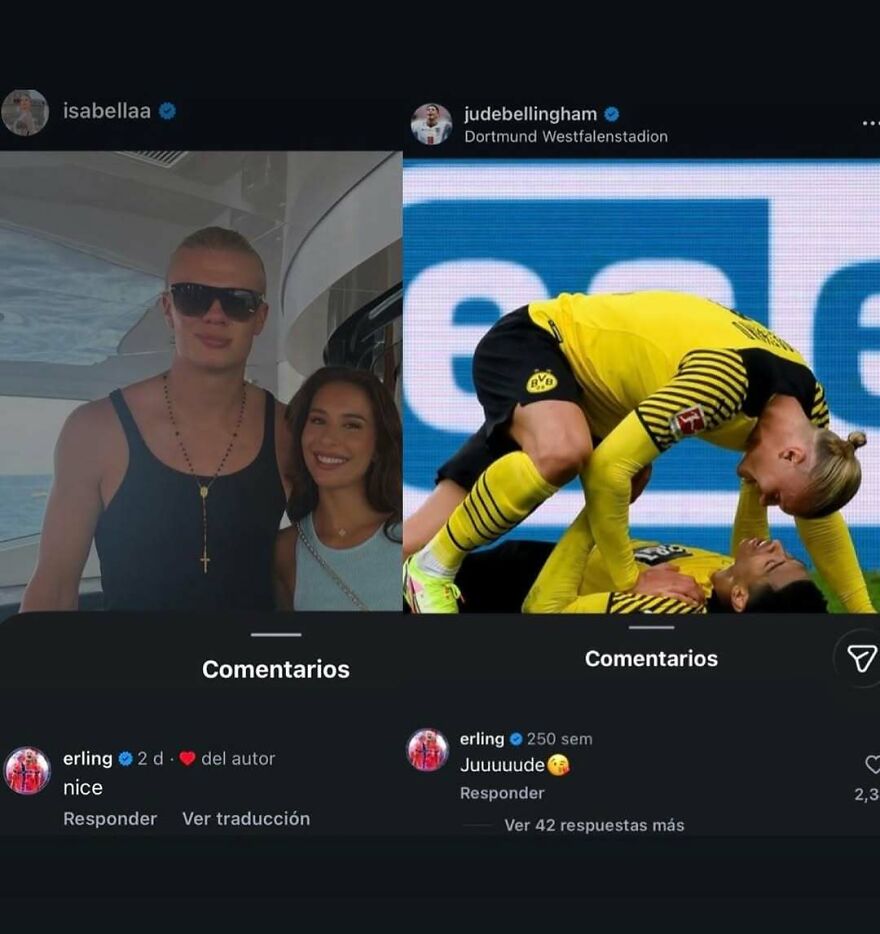 Funny screenshot of Erling Haaland on vacation next to a screenshot of him tackling Jude Bellingham on the field.