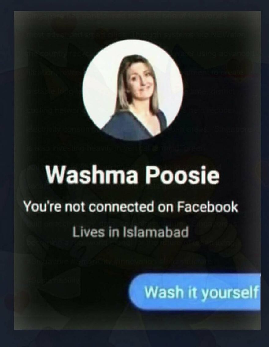 Funny screenshot of a Facebook profile named Washma Poosie with a button that says Wash it yourself.