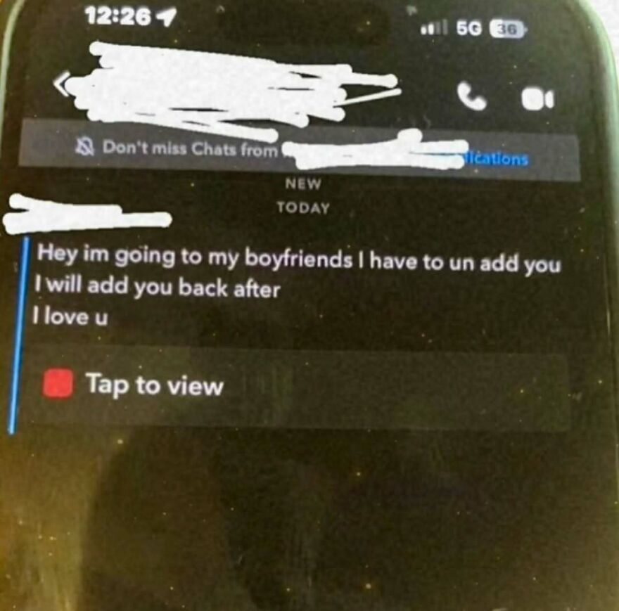 A funny screenshot of a text message where someone says they have to un-add their friend for their boyfriend. It's a weird conversation.