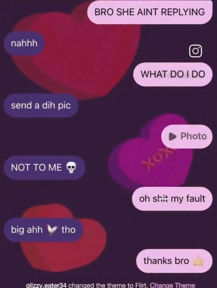 A text message screenshot with heart bubbles shows a funny and stupid conversation about sending a picture, highlighting weird internet humor.
