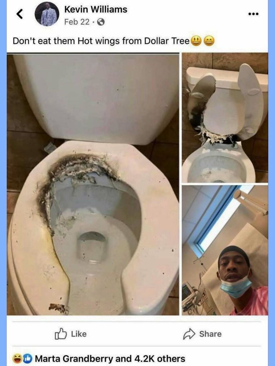 A stupid screenshot from social media showing a damaged toilet after eating Dollar Tree hot wings. It's a weird incident.