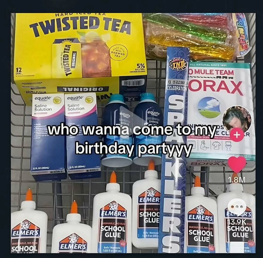 A funny and stupid screenshot of a shopping cart filled with Borax, Saline Solution, and Elmer's glue, for a birthday party, showing weird people.