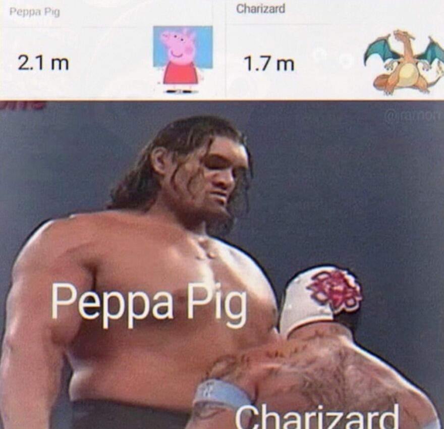 Funny screenshot featuring Peppa Pig vs Charizard height comparison in a wrestling match, showing weird people.