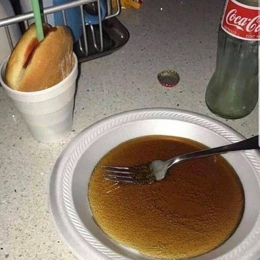 A funny and stupid screenshot showing a hot dog in a cup with a straw and a plate of Coca-Cola with a fork, showing weird people on the internet.