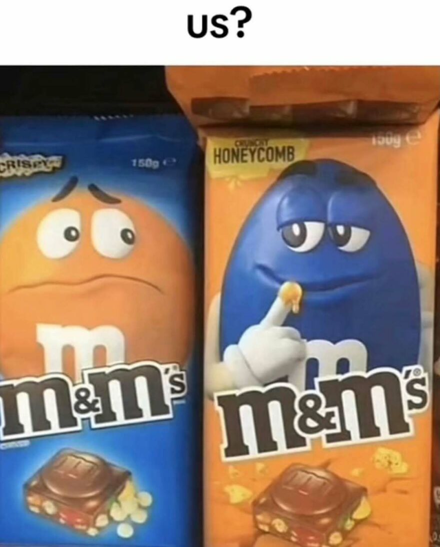 Funny internet screenshot of two M&Ms chocolate bar packages with a weird question, 'us?'