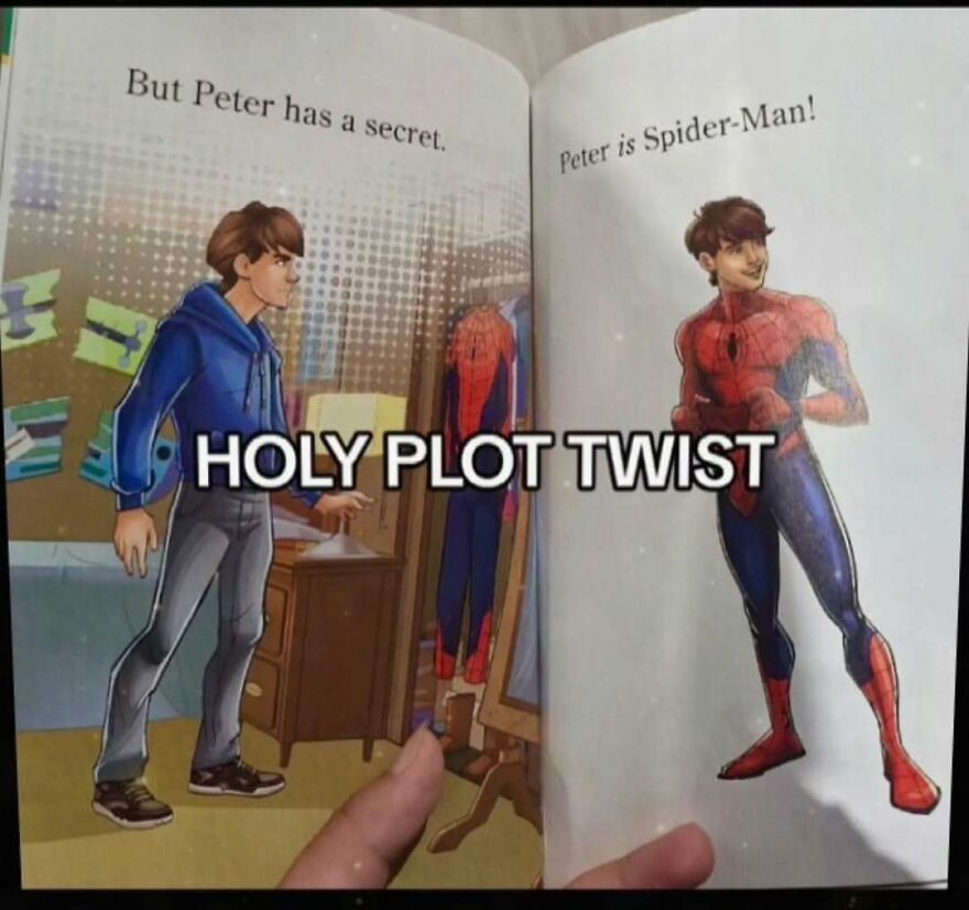 A funny screenshot from a book revealing Peter Parker is Spider-Man, showing a holy plot twist. It's a weird moment.
