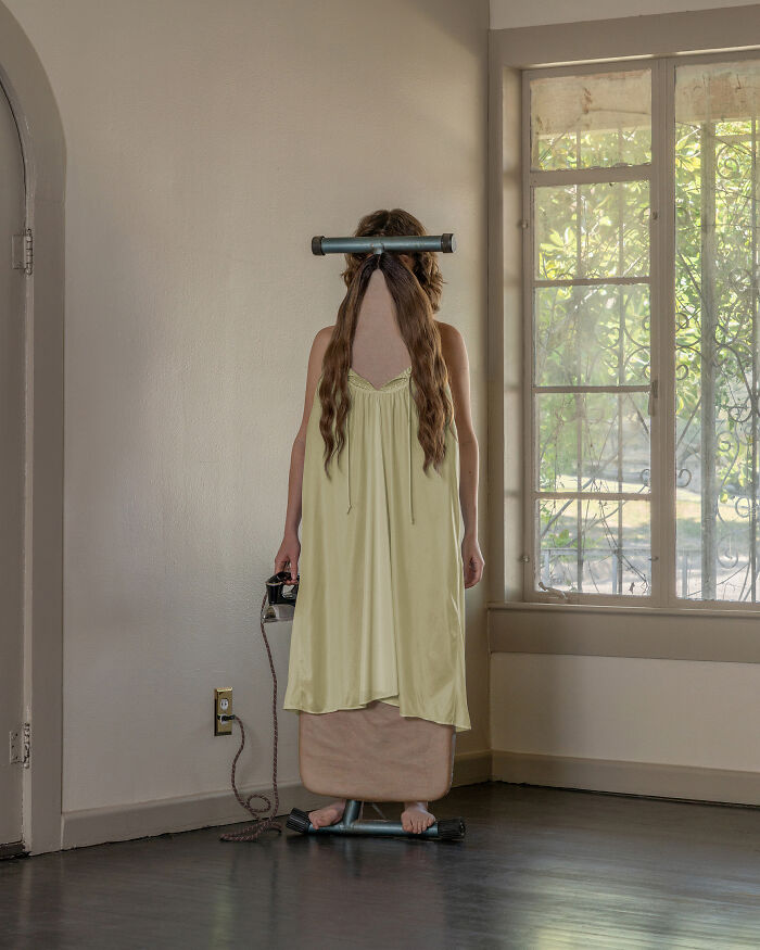 A photographer creates surreal images of a person with long hair draped over an ironing board in a room.
