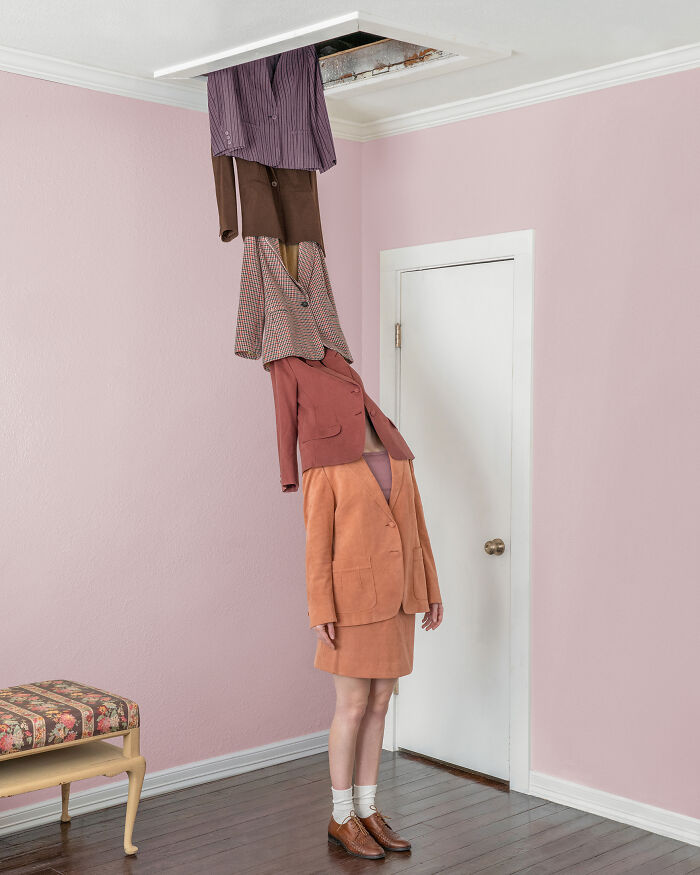 A photographer creates surreal images of a person with a tower of clothes emerging from a ceiling. Everyday places.