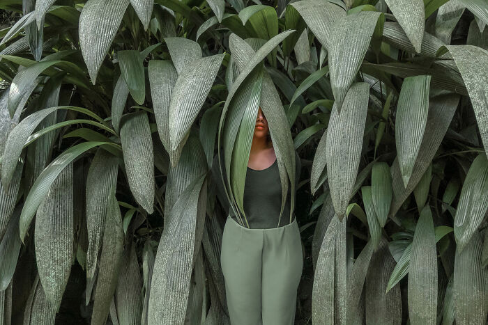 Surreal images: A woman camouflaged by large green leaves, with only her face visible, creating an uncanny natural scene.