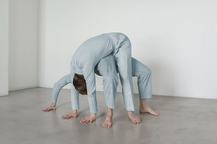A photographer creates surreal images; a person in blue pajamas forms an uncanny, four-legged creature in a white room.