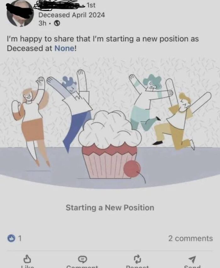 A hilariously confusing social media post by an elderly person starting a new position as 'Deceased at None'.