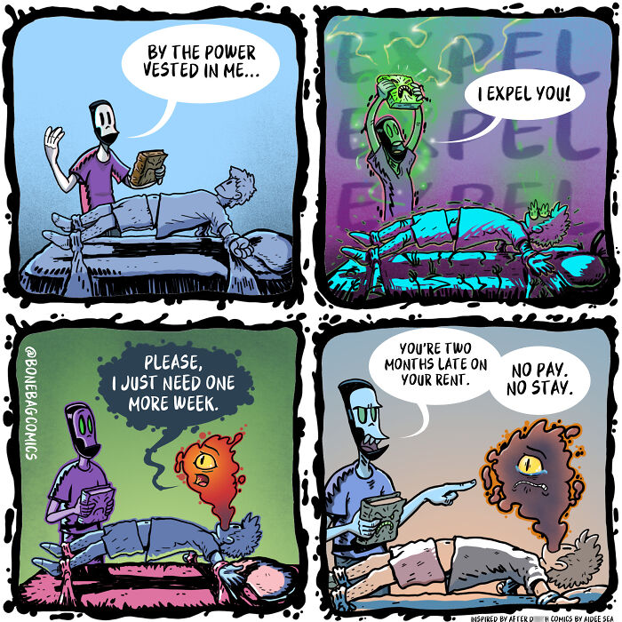 A comic depicting the absurd daily life of a necromancer and his assistant performing an exorcism for overdue rent.