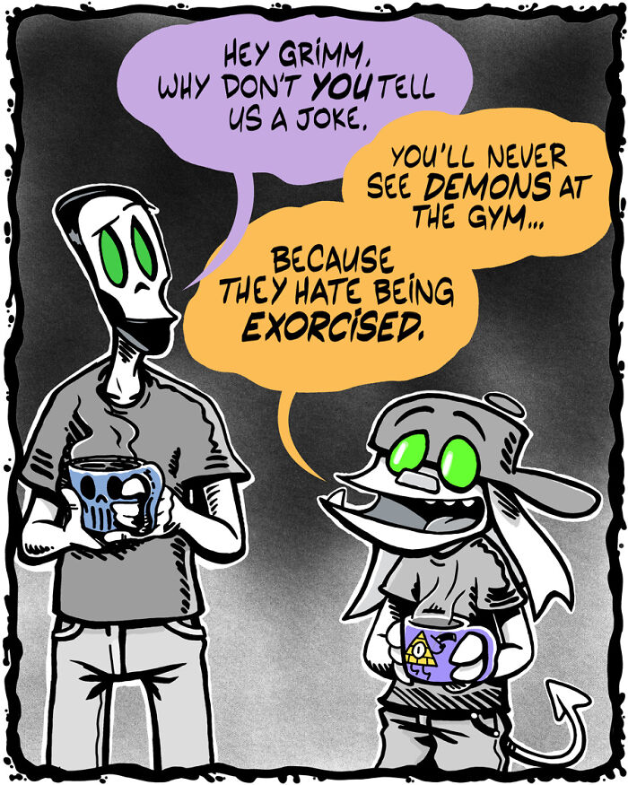 A necromancer and assistant share a joke about demons at the gym, highlighting their daily life.