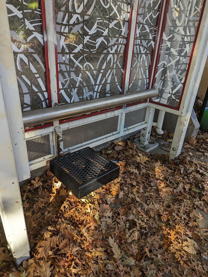 Urban designers forgot about people's comfort; a small, inaccessible seat amidst fallen leaves at a bus stop.
