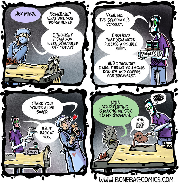 A comic depicting the daily life of a necromancer and his assistant, sharing coffee and donuts.