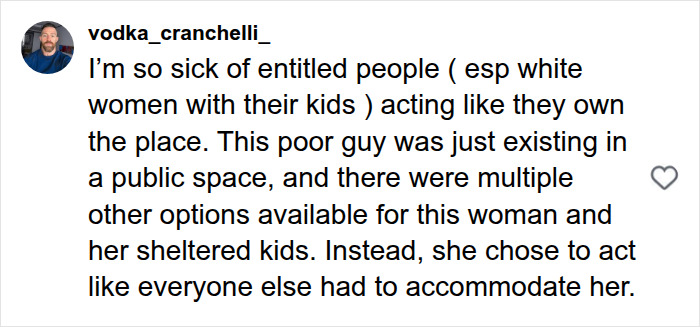 A social media post from vodka_cranchelli_ expressing frustration about entitled people forcing someone out of a public space. A social media post from vodka_cranchelli_ expressing frustration about entitled people forcing someone out of a public space.