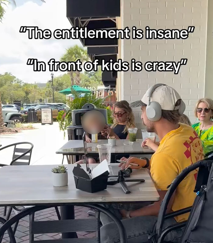 A man wearing headphones at a table in a public space, reflecting entitlement and a bystander's defense. A man wearing headphones at a table in a public space, reflecting entitlement and a bystander's defense.