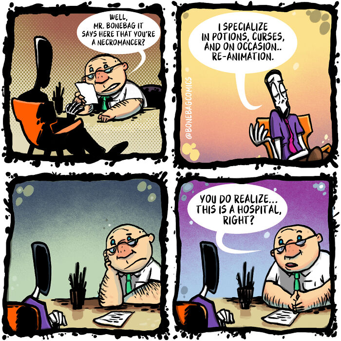 A necromancer and his assistant in a job interview at a hospital in absurd daily life comics.