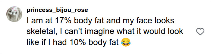 Fitness influencer showing how body fat percentages transform the same face, with a comment on skeletal appearance at 17% body fat. Fitness influencer showing how body fat percentages transform the same face, with a comment on skeletal appearance at 17% body fat.