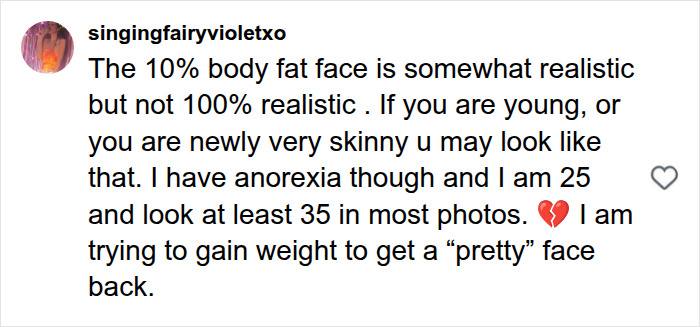 Fitness influencer showing how body fat percentages transform the same face, with a comment on 10% body fat and anorexia. Fitness influencer showing how body fat percentages transform the same face, with a comment on 10% body fat and anorexia.