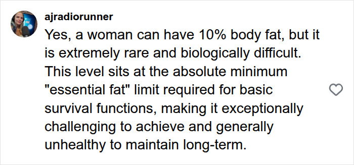 A comment about women's 10% body fat, which is rare and difficult to achieve, at the essential fat limit. A comment about women's 10% body fat, which is rare and difficult to achieve, at the essential fat limit.