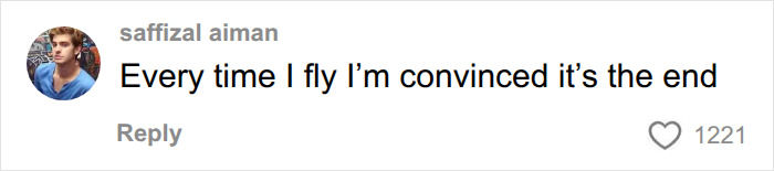 A social media comment from a user expressing fear of flying due to turbulence. A social media comment from a user expressing fear of flying due to turbulence.