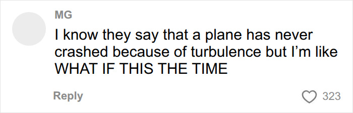 A social media comment from a user worrying about turbulence despite knowing planes dont crash from it. A social media comment from a user worrying about turbulence despite knowing planes dont crash from it.