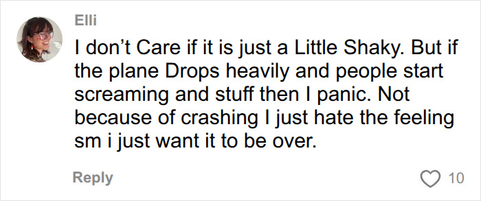 A comment discussing panic during flights, especially when planes drop heavily, about handling turbulence. A comment discussing panic during flights, especially when planes drop heavily, about handling turbulence.