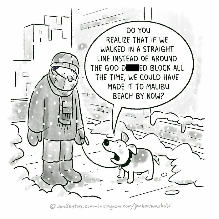A New Yorker cartoon portrays a person walking a dog in the snow, capturing everyday absurdity through the dog's dialogue.