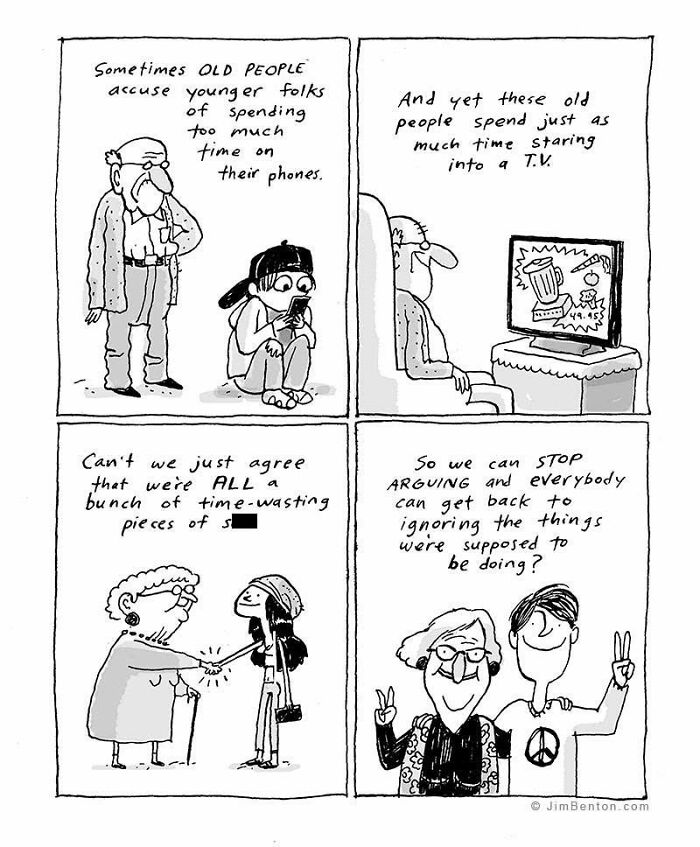 A New Yorker cartoon illustrating everyday absurdity, featuring a four-panel comic about older people accusing younger people of spending too much time on their phones, while they watch TV.
