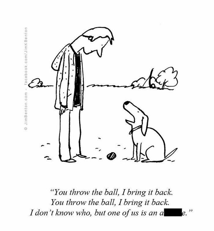 A New Yorker cartoon of a man and his dog in a park, with a speech bubble about throwing the ball and everyday absurdity.