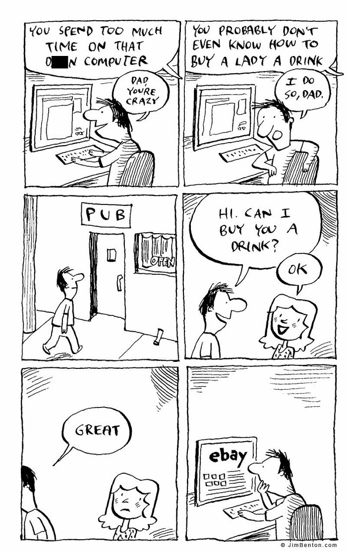 A New Yorker cartoon in six panels, showing a man learning to buy a drink online, highlighting everyday absurdity.