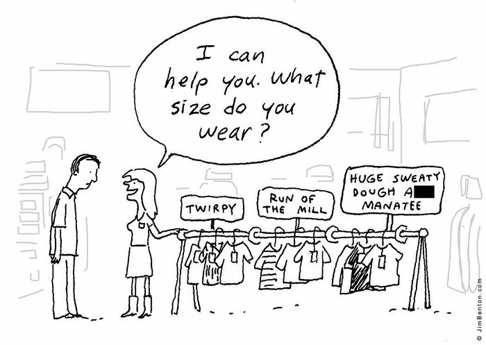 A New Yorker cartoon illustrates a woman helping a man shop, with clothing sizes like TWIRPY and everyday absurdity.