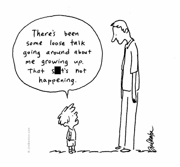 A New Yorker cartoon shows a small child talking to a tall man, with a speech bubble about growing up and everyday absurdity.