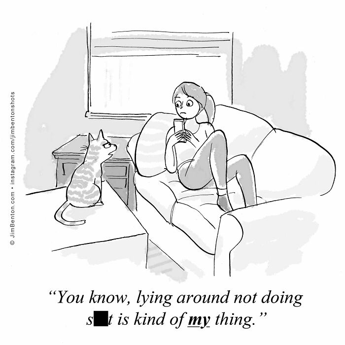 A New Yorker cartoon depicts a cat observing a woman using her phone, with a speech bubble about everyday absurdity.