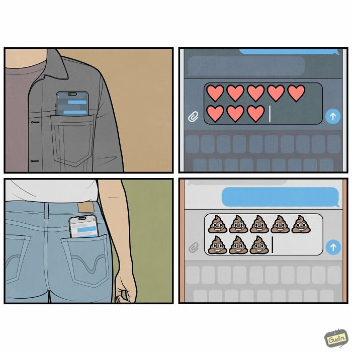 Absurd comic by Anton Gudim illustrating different emoji responses based on phone placement (pocket vs. back pocket).