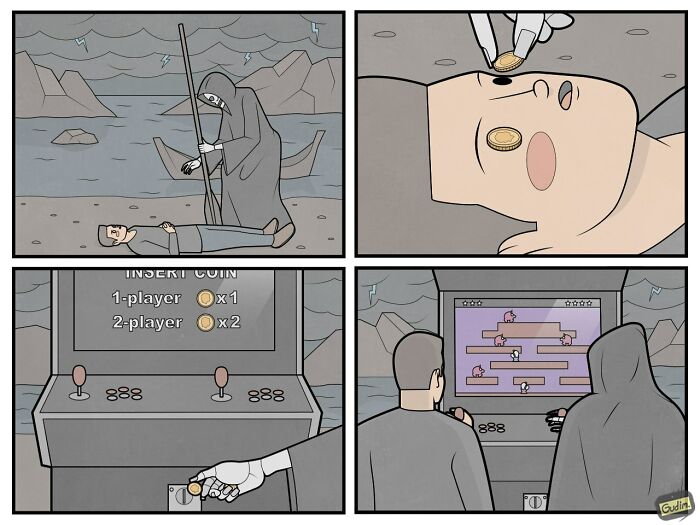 Absurd comic shows d***h inserting coin into arcade machine to continue life game