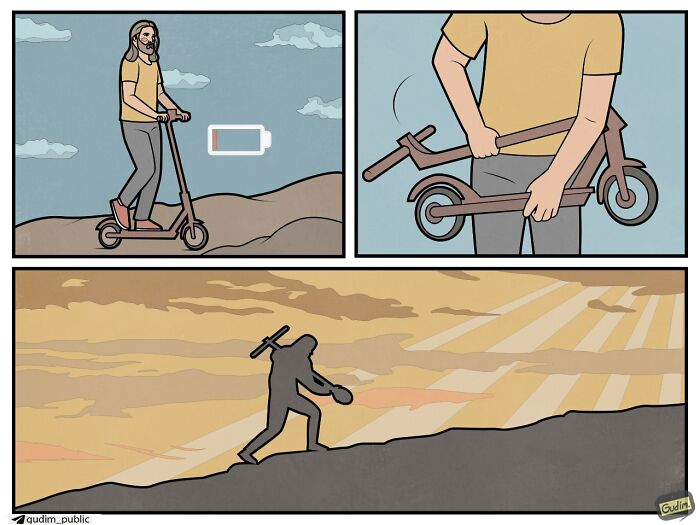 Comic depicting man carrying a broken electric scooter up a hill in absurd society commentary