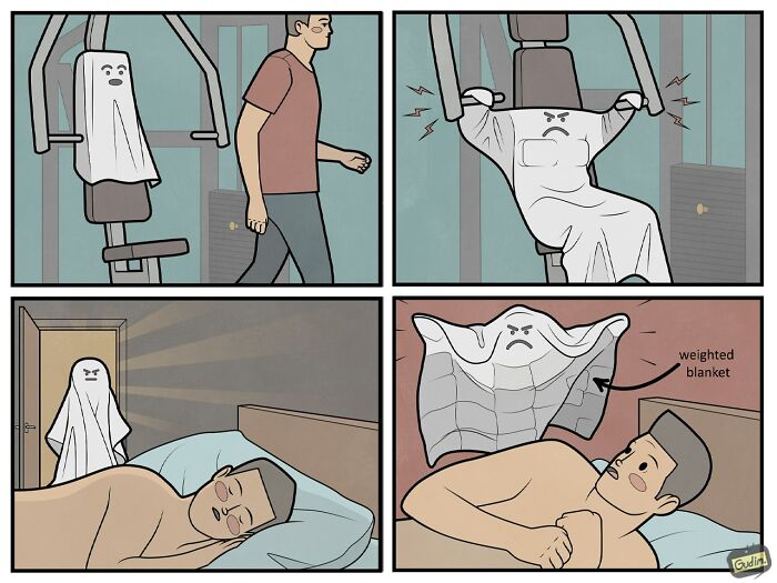 Absurd comic featuring a ghost acting as a weighted blanket in a societal commentary