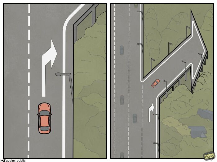 Comic illustrates ironic giant road sign shaped as an arrow in absurd society comics