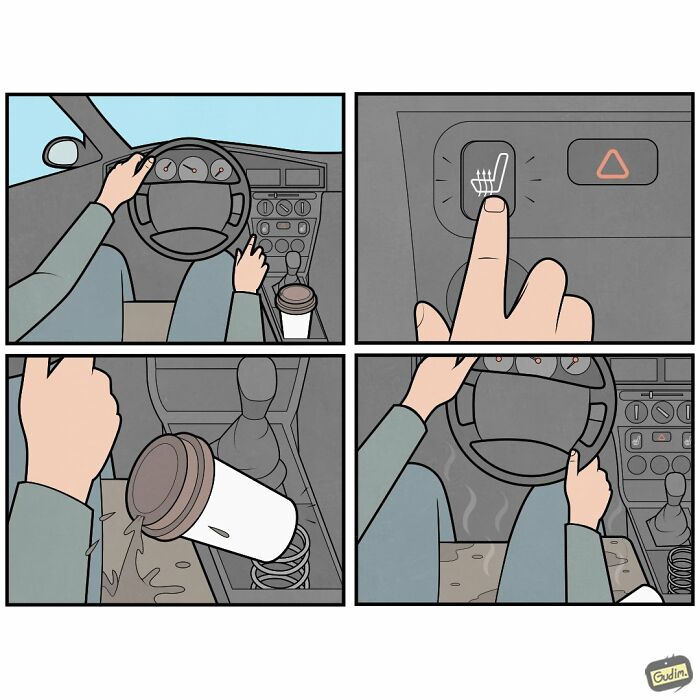 Absurd comic shows heated car seat causing coffee to spill on driver in absurd society commentary